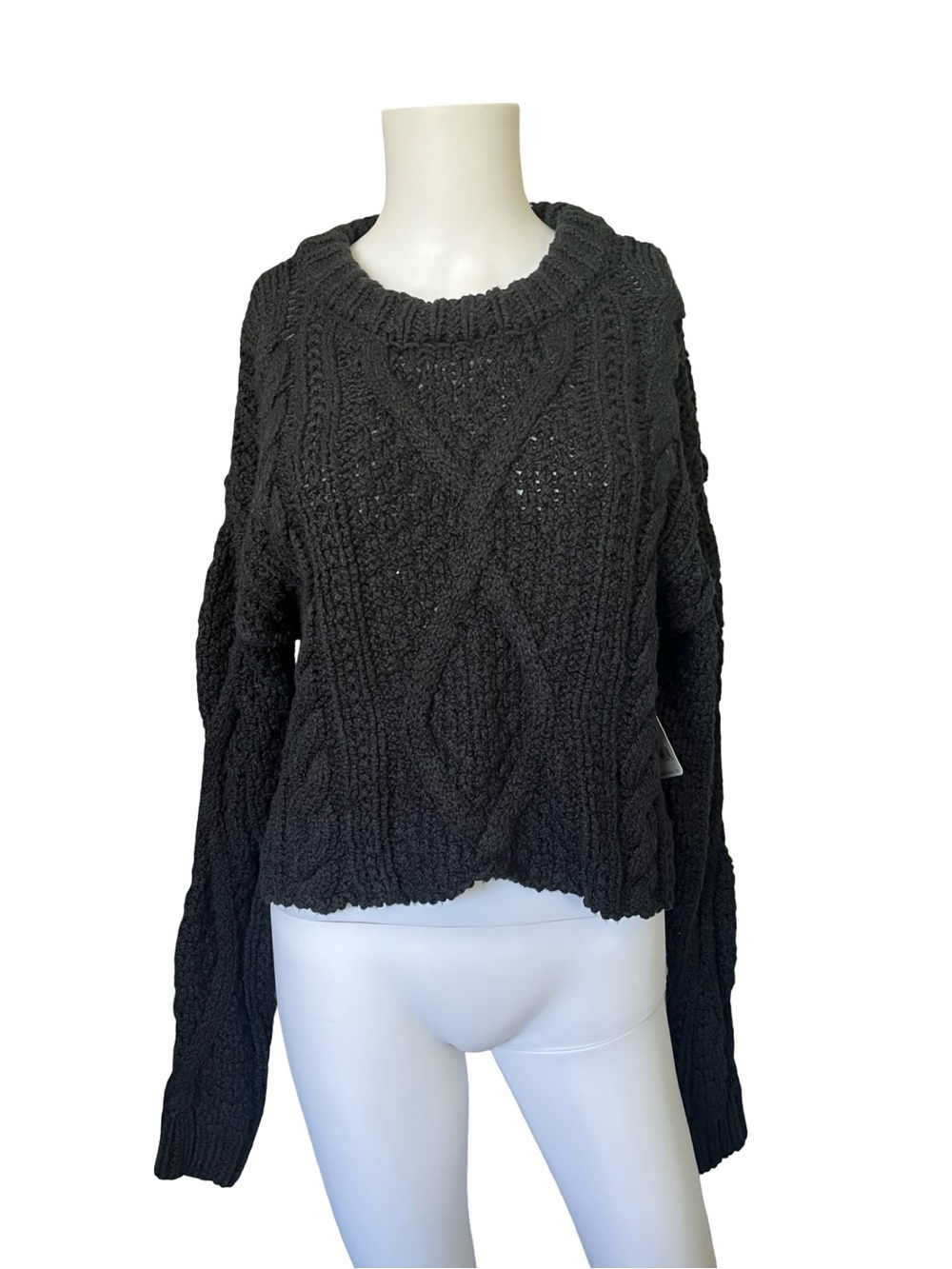 NEW Free People Black Cable Knit Sweater Pullover Neutral Womens Size Small